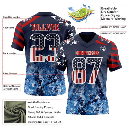 Custom Navy USA Flag Camo White-Red Authentic Gradient Digital Camouflage Stars & Stripes Raglan Sleeves Football Jersey