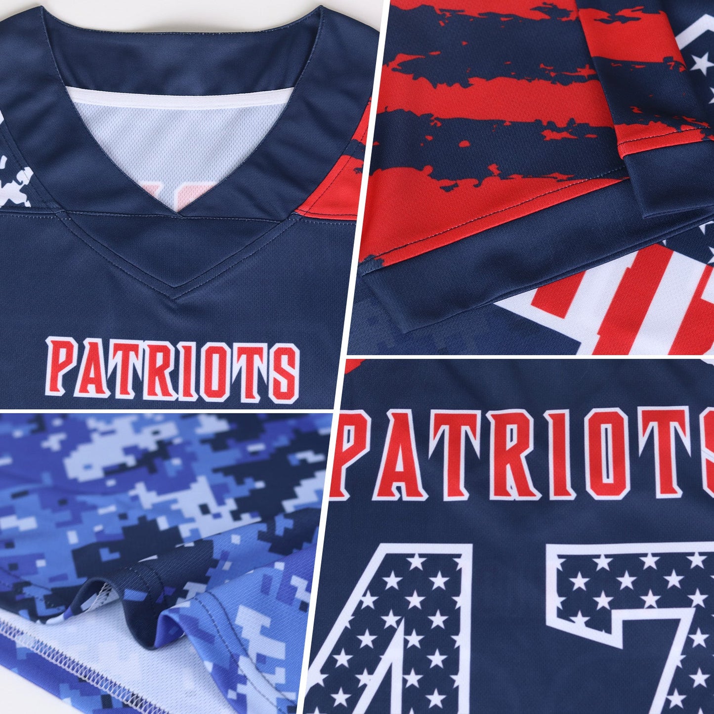 Custom White USA Flag Camo Steel Gray-Black Authentic Gradient Digital Camouflage Stars & Stripes Raglan Sleeves Football Jersey