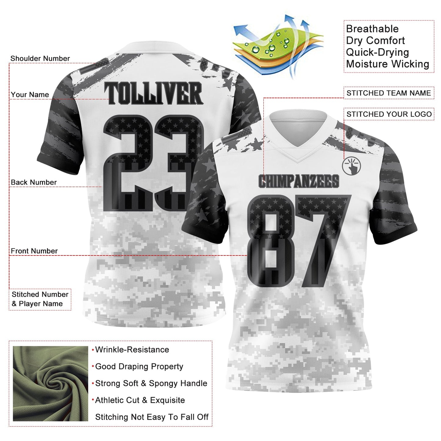 Custom White USA Flag Camo Steel Gray-Black Authentic Gradient Digital Camouflage Stars & Stripes Raglan Sleeves Football Jersey