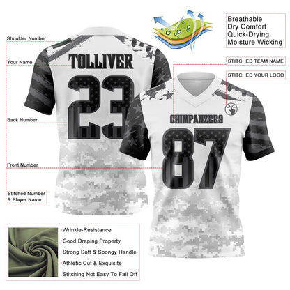 Custom White USA Flag Camo Steel Gray-Black Authentic Gradient Digital Camouflage Stars & Stripes Raglan Sleeves Football Jersey
