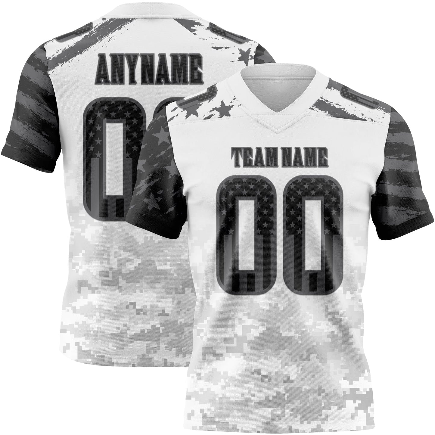 Custom White USA Flag Camo Steel Gray-Black Authentic Gradient Digital Camouflage Stars & Stripes Raglan Sleeves Football Jersey