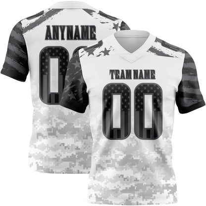 Custom White USA Flag Camo Steel Gray-Black Authentic Gradient Digital Camouflage Stars & Stripes Raglan Sleeves Football Jersey