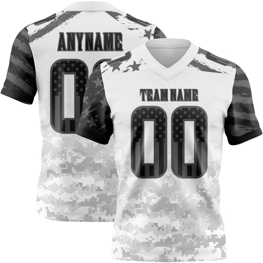 Custom White USA Flag Camo Steel Gray-Black Authentic Gradient Digital Camouflage Stars & Stripes Raglan Sleeves Football Jersey