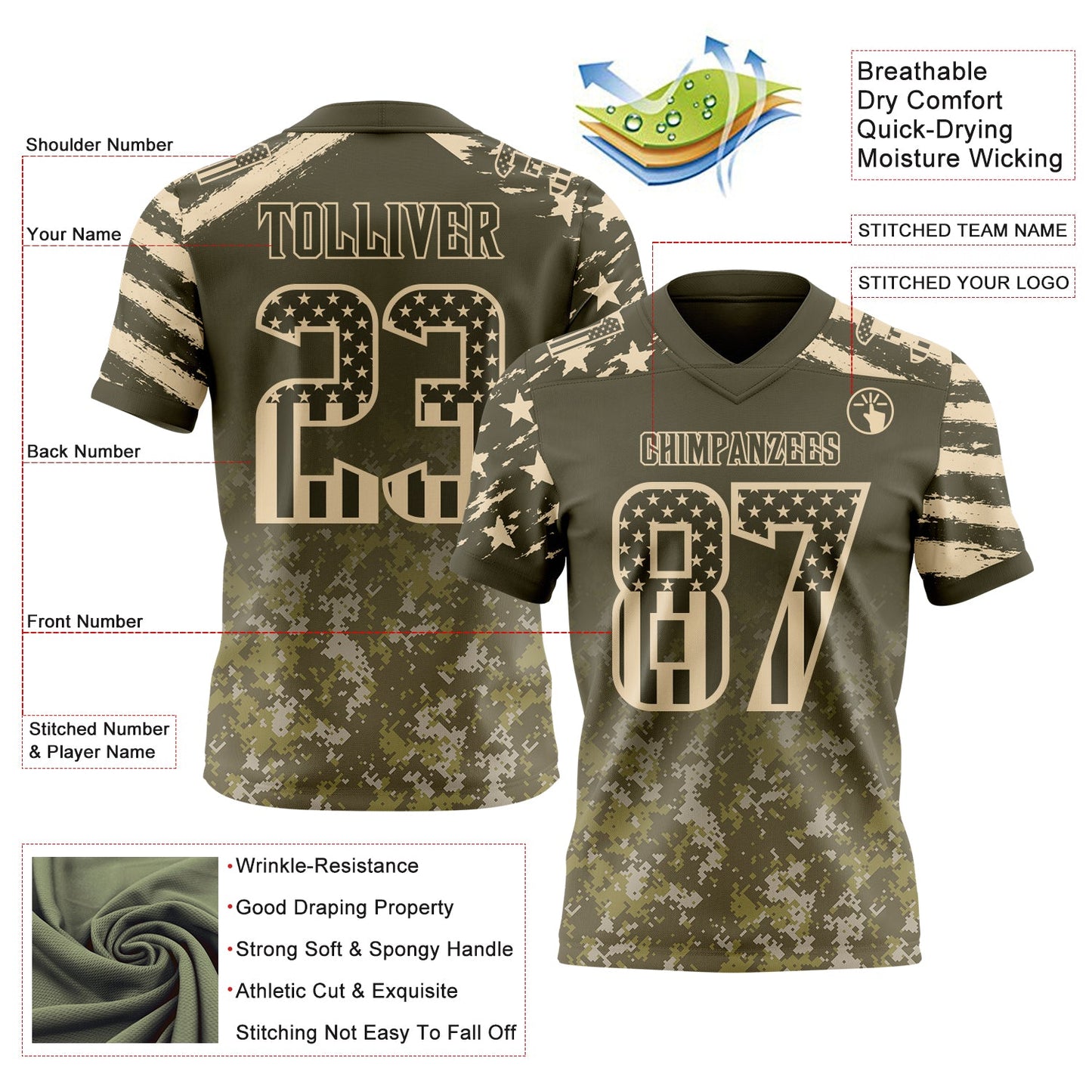 Custom Olive USA Flag Camo-City Cream Authentic Gradient Digital Camouflage Stars & Stripes Raglan Sleeves Football Jersey