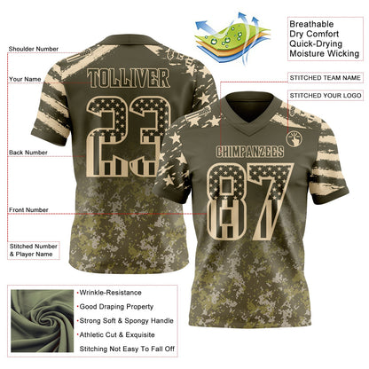 Custom Olive USA Flag Camo-City Cream Authentic Gradient Digital Camouflage Stars & Stripes Raglan Sleeves Football Jersey