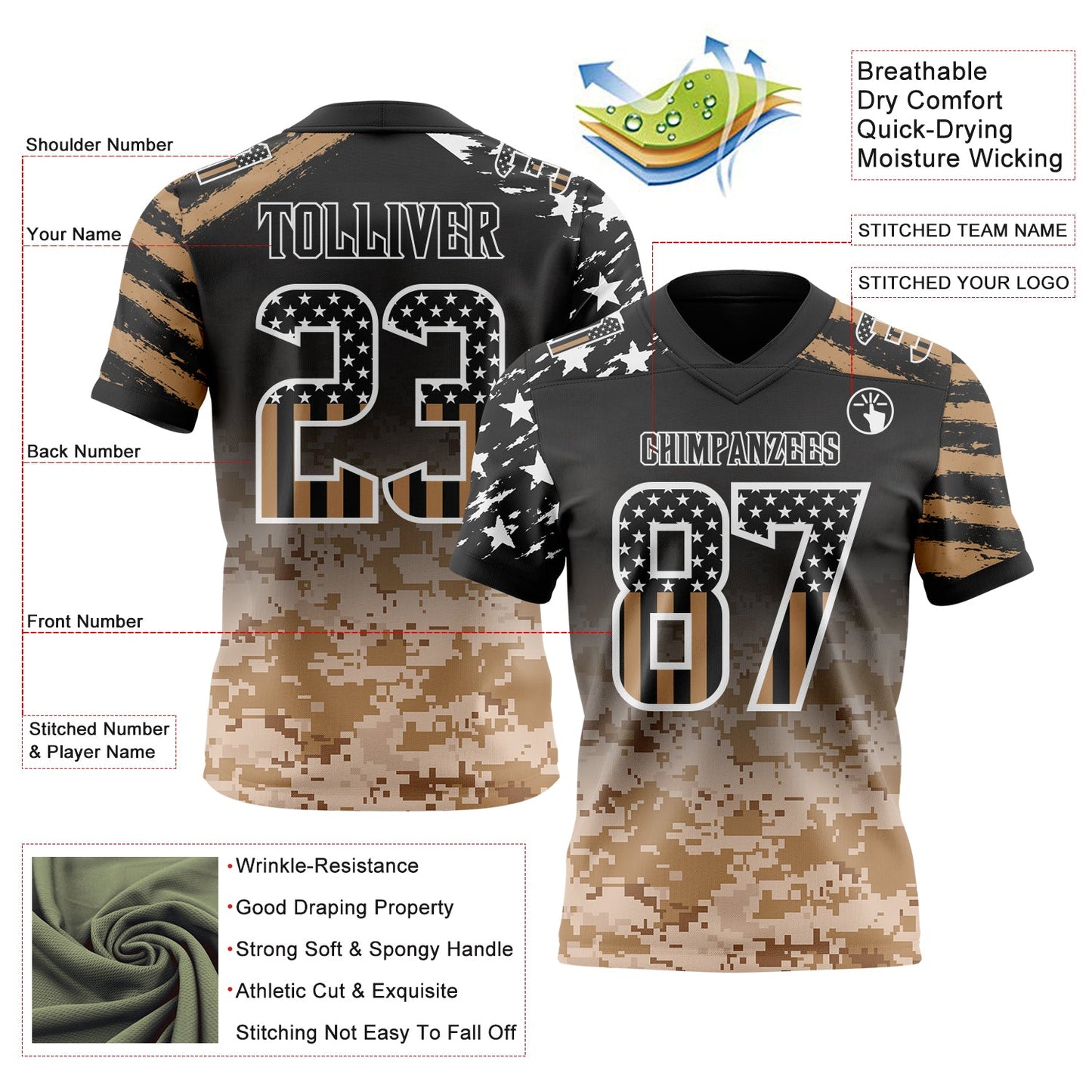 Custom Black USA Flag Camo-White Authentic Gradient Digital Camouflage Stars & Stripes Raglan Sleeves Football Jersey