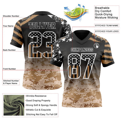 Custom Black USA Flag Camo-White Authentic Gradient Digital Camouflage Stars & Stripes Raglan Sleeves Football Jersey