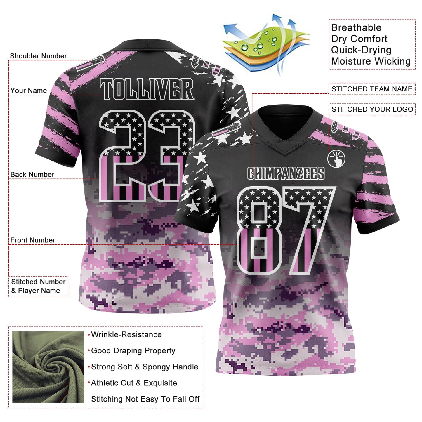 Custom Black USA Flag Camo-White Authentic Gradient Digital Camouflage Stars & Stripes Raglan Sleeves Football Jersey