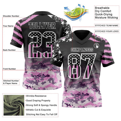Custom Black USA Flag Camo-White Authentic Gradient Digital Camouflage Stars & Stripes Raglan Sleeves Football Jersey