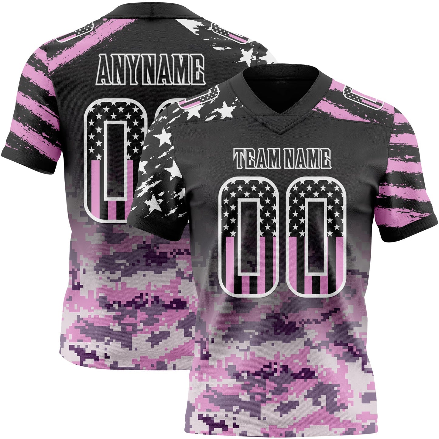 Custom Black USA Flag Camo-White Authentic Gradient Digital Camouflage Stars & Stripes Raglan Sleeves Football Jersey