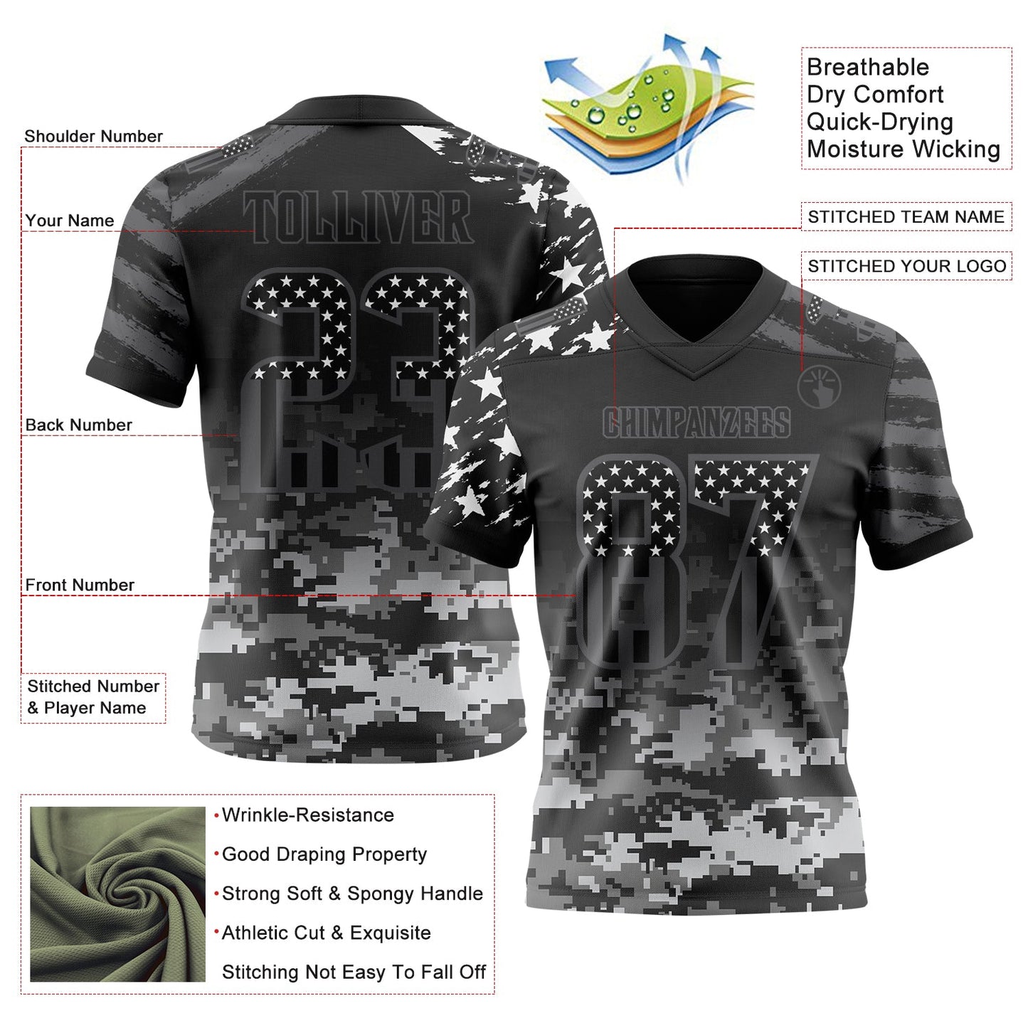 Custom Black USA Flag Camo-Steel Gray Authentic Gradient Digital Camouflage Stars & Stripes Raglan Sleeves Football Jersey