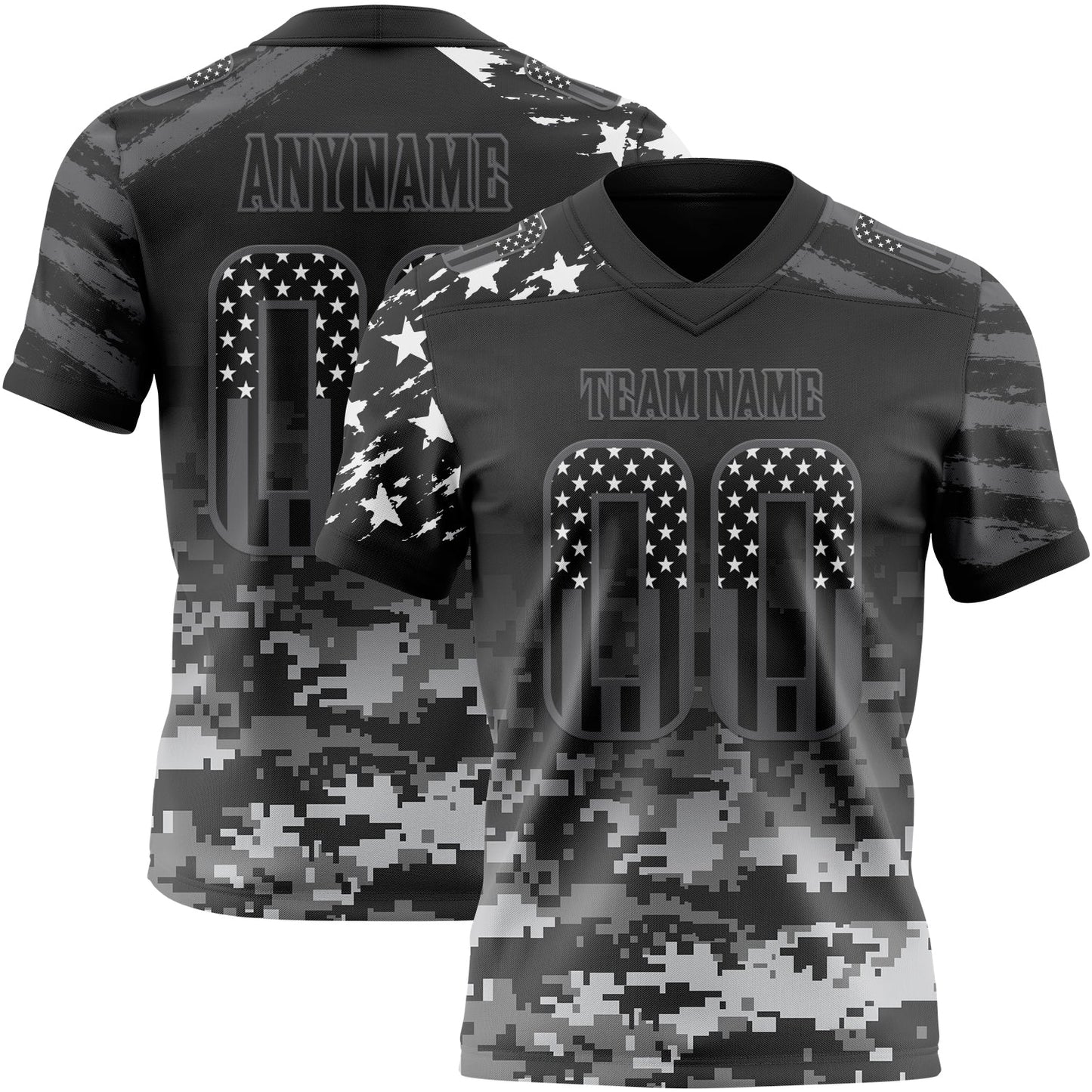 Custom Black USA Flag Camo-Steel Gray Authentic Gradient Digital Camouflage Stars & Stripes Raglan Sleeves Football Jersey