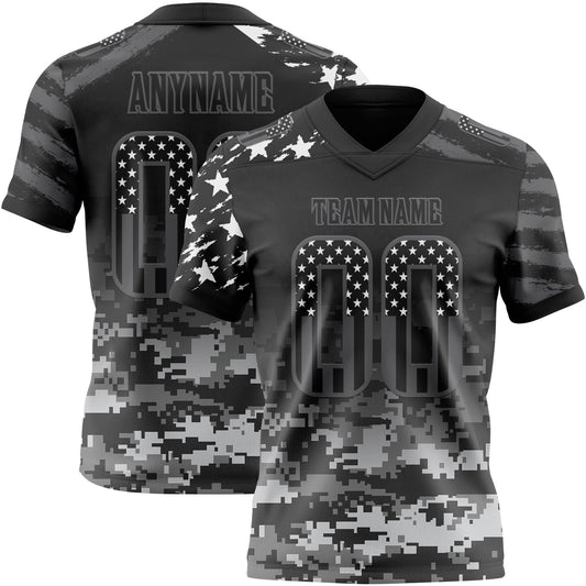 Custom Black USA Flag Camo-Steel Gray Authentic Gradient Digital Camouflage Stars & Stripes Raglan Sleeves Football Jersey