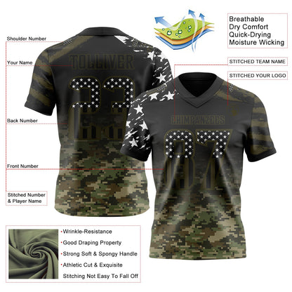 Custom Black USA Flag Camo-Olive Authentic Gradient Digital Camouflage Stars & Stripes Raglan Sleeves Football Jersey