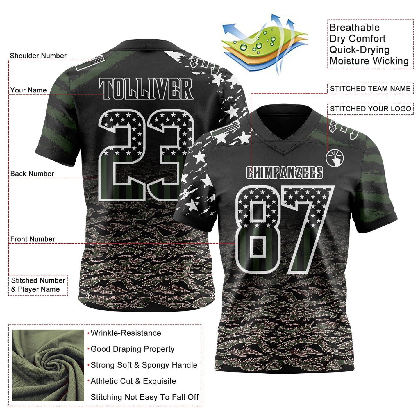 Custom Black USA Flag Camo-White Authentic Gradient Digital Camouflage Stars & Stripes Raglan Sleeves Football Jersey