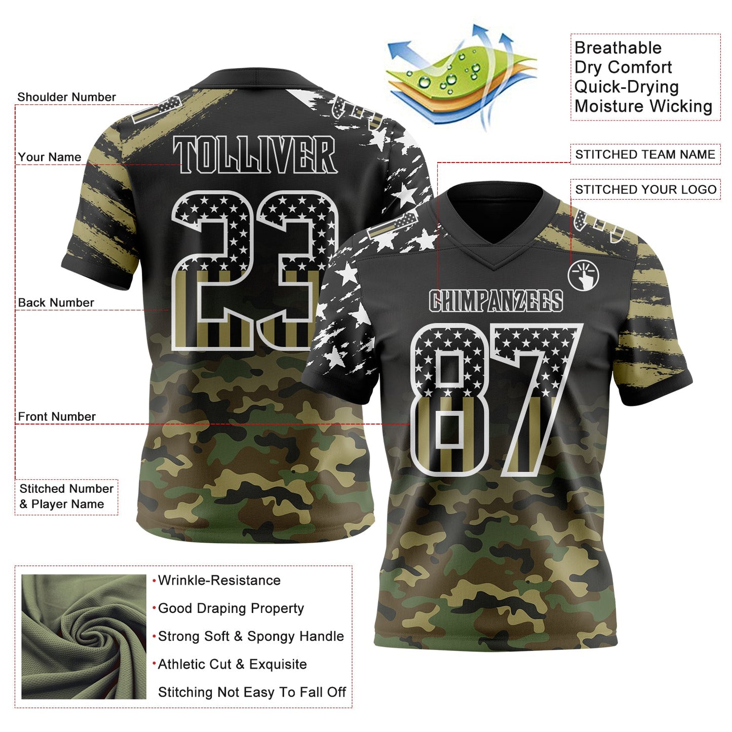 Custom Black USA Flag Camo-White Authentic Gradient Digital Camouflage Stars & Stripes Raglan Sleeves Football Jersey