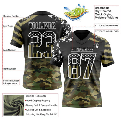 Custom Black USA Flag Camo-White Authentic Gradient Digital Camouflage Stars & Stripes Raglan Sleeves Football Jersey