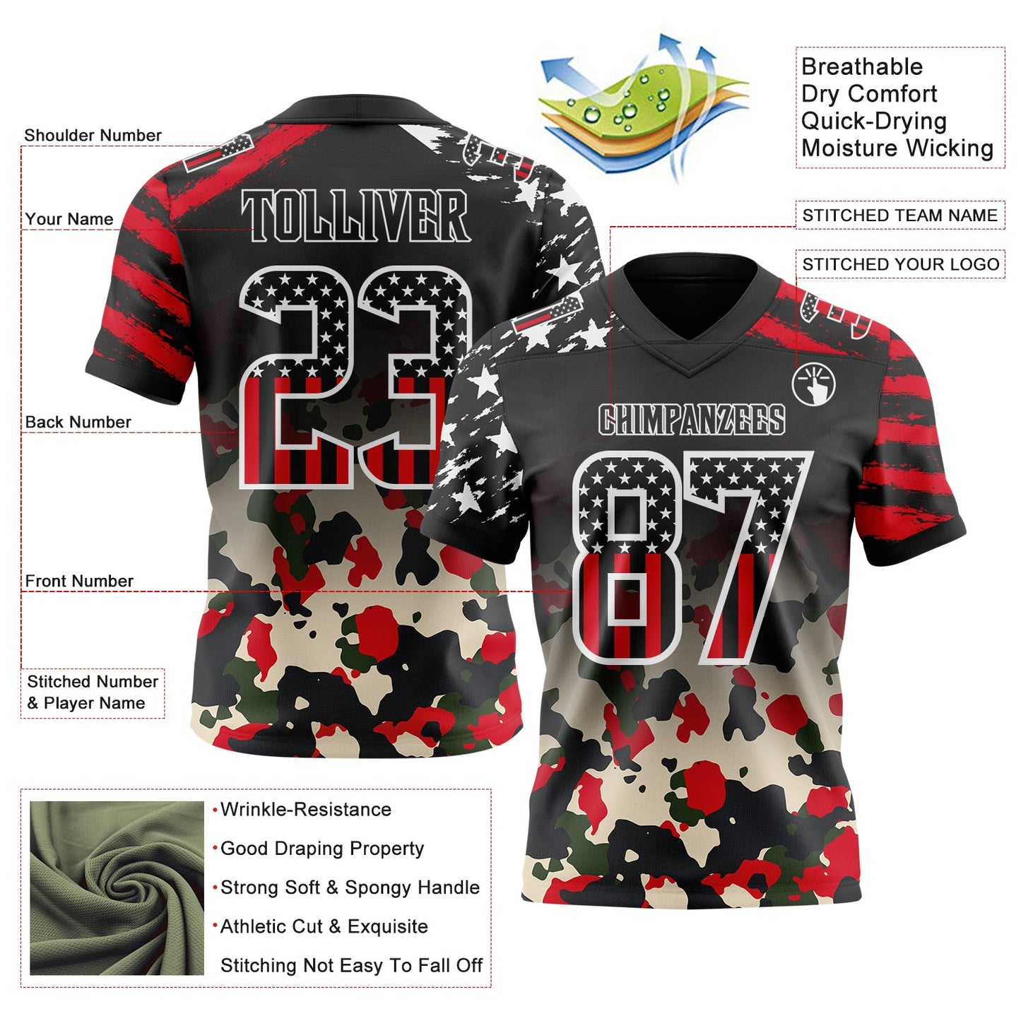 Custom Black USA Flag Camo-White Authentic Gradient Digital Camouflage Stars & Stripes Raglan Sleeves Football Jersey