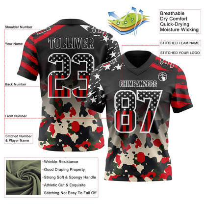 Custom Black USA Flag Camo-White Authentic Gradient Digital Camouflage Stars & Stripes Raglan Sleeves Football Jersey