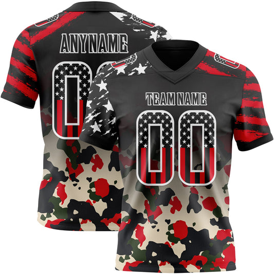 Custom Black USA Flag Camo-White Authentic Gradient Digital Camouflage Stars & Stripes Raglan Sleeves Football Jersey