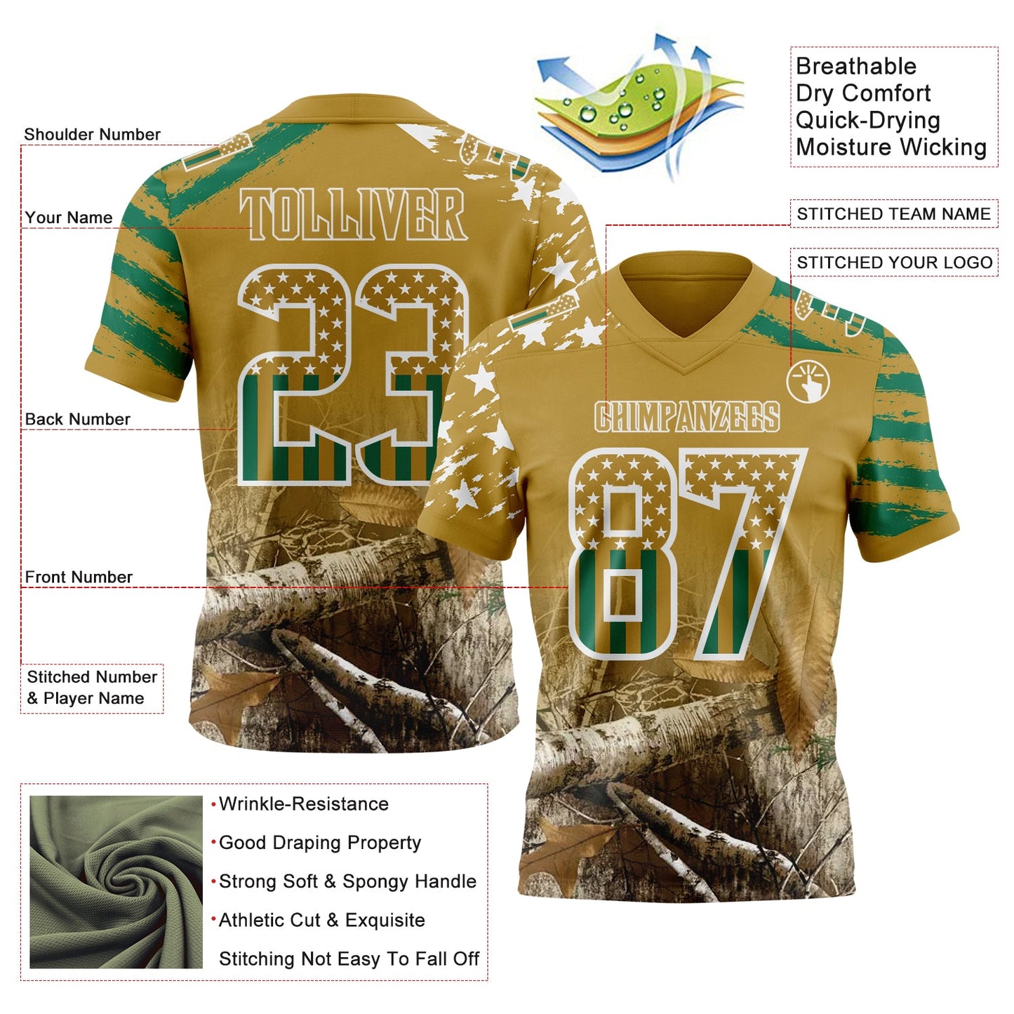 Custom Old Gold USA Flag Camo-White Authentic Gradient Digital Camouflage Stars & Stripes Raglan Sleeves Football Jersey