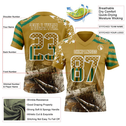Custom Old Gold USA Flag Camo-White Authentic Gradient Digital Camouflage Stars & Stripes Raglan Sleeves Football Jersey