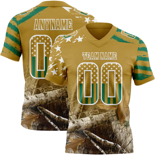 Custom Old Gold USA Flag Camo-White Authentic Gradient Digital Camouflage Stars & Stripes Raglan Sleeves Football Jersey