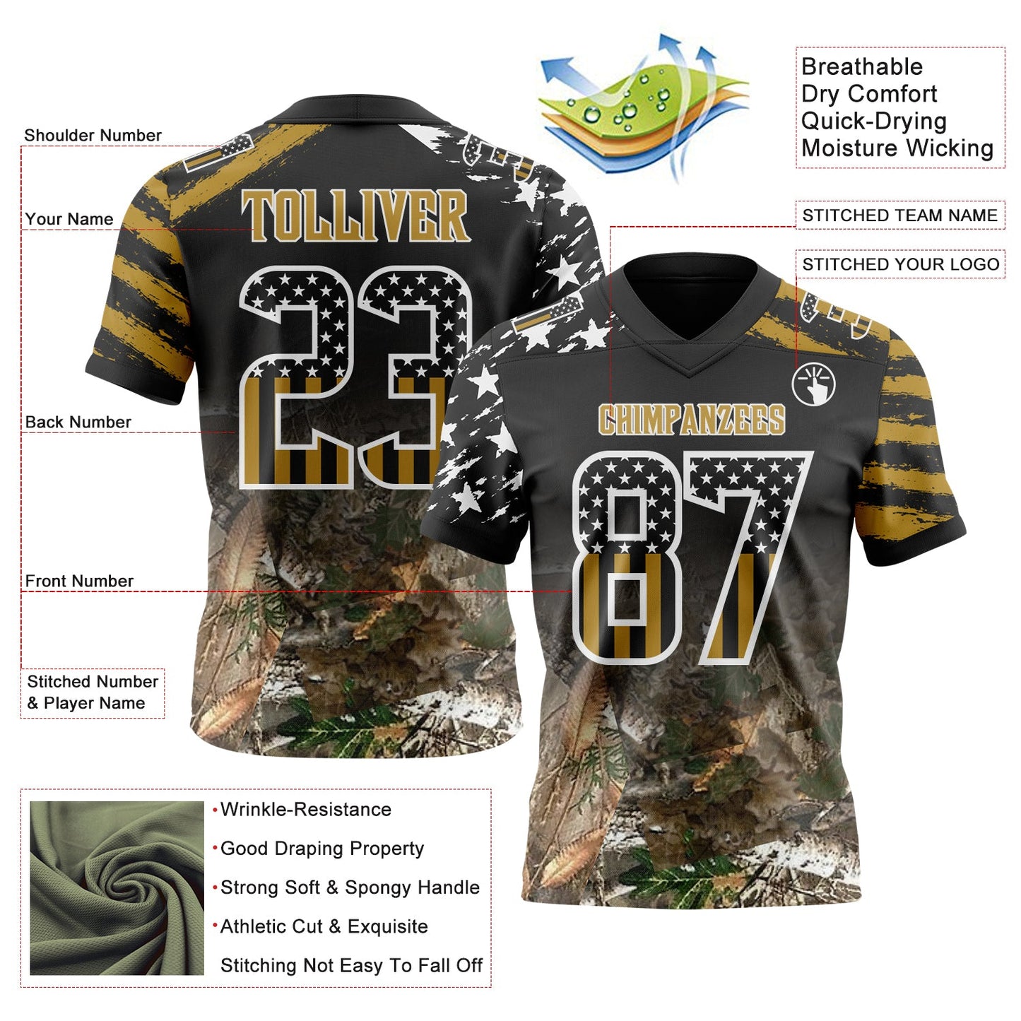 Custom Black USA Flag Camo White-Old Gold Authentic Gradient Digital Camouflage Stars & Stripes Raglan Sleeves Football Jersey