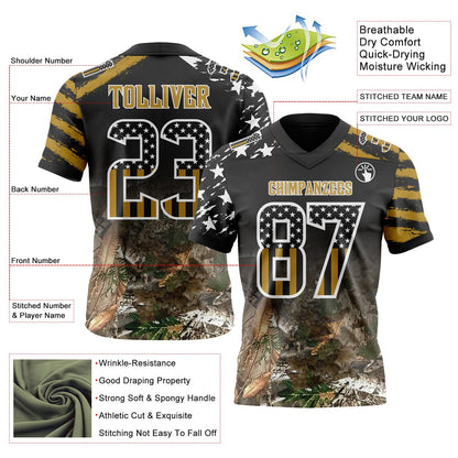Custom Black USA Flag Camo White-Old Gold Authentic Gradient Digital Camouflage Stars & Stripes Raglan Sleeves Football Jersey