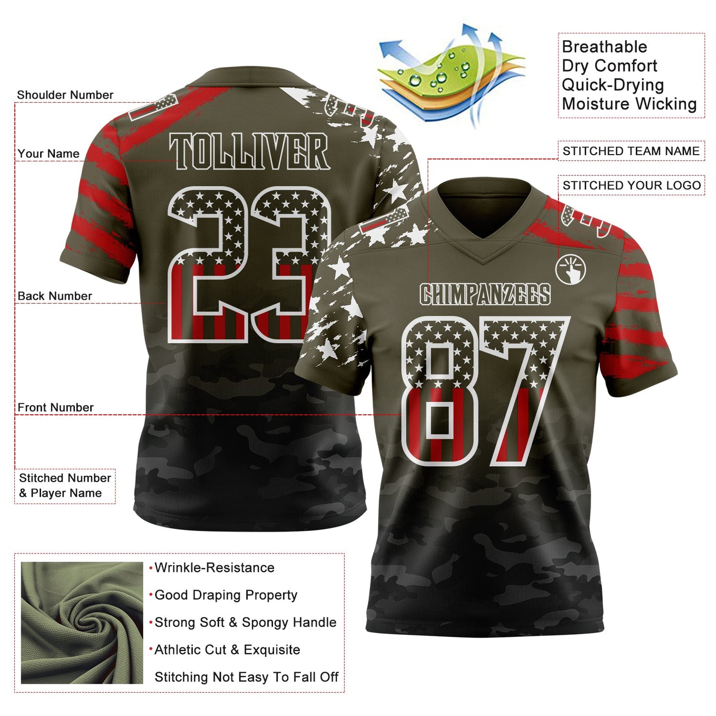 Custom Olive USA Flag Camo White-Black Authentic Gradient Digital Camouflage Stars & Stripes Raglan Sleeves Football Jersey