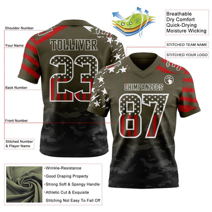 Custom Olive USA Flag Camo White-Black Authentic Gradient Digital Camouflage Stars & Stripes Raglan Sleeves Football Jersey