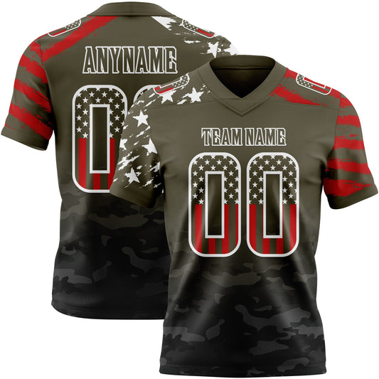 Custom Olive USA Flag Camo White-Black Authentic Gradient Digital Camouflage Stars & Stripes Raglan Sleeves Football Jersey