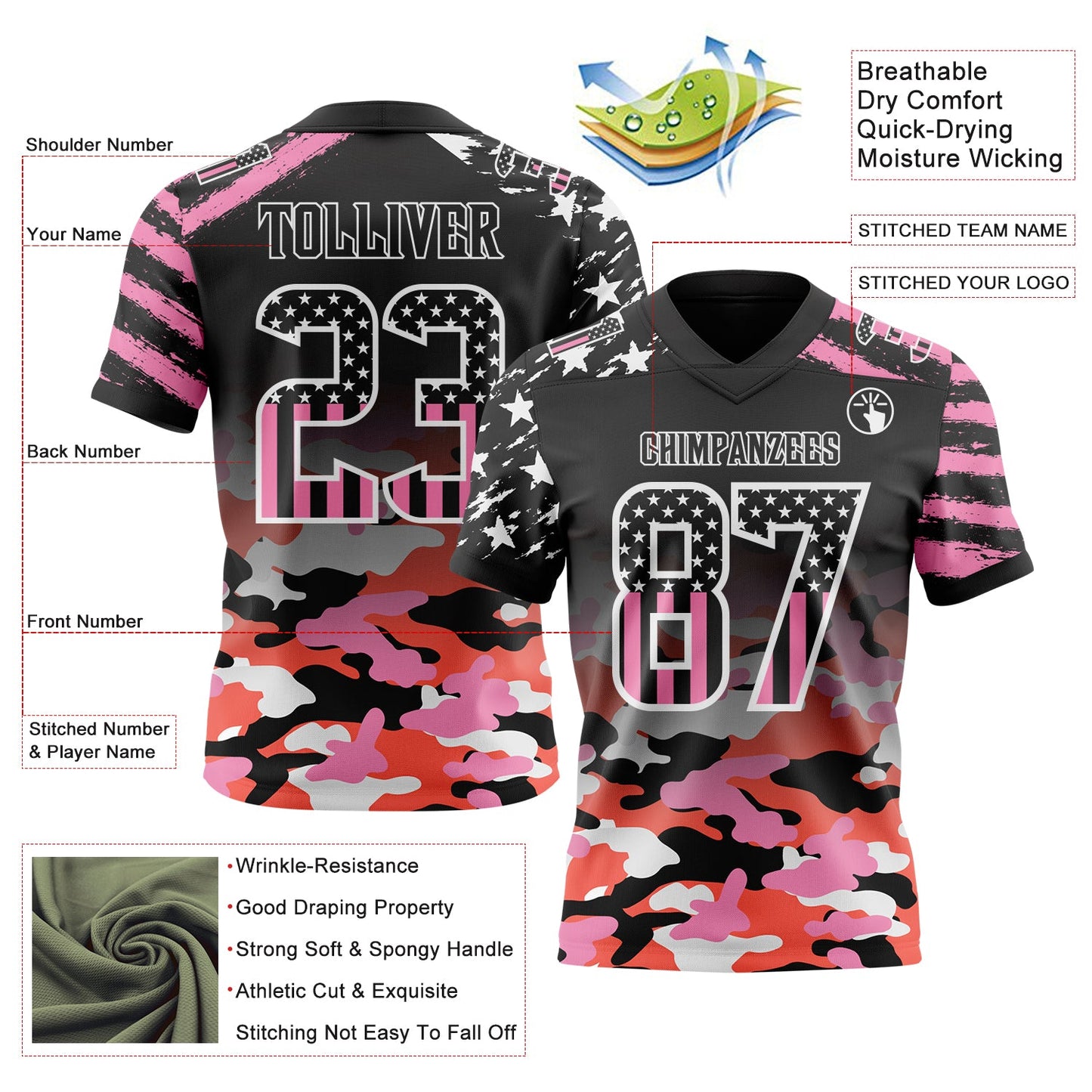 Custom Black USA Flag Camo-White Authentic Gradient Digital Camouflage Stars & Stripes Raglan Sleeves Football Jersey
