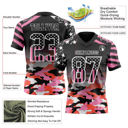Custom Black USA Flag Camo-White Authentic Gradient Digital Camouflage Stars & Stripes Raglan Sleeves Football Jersey