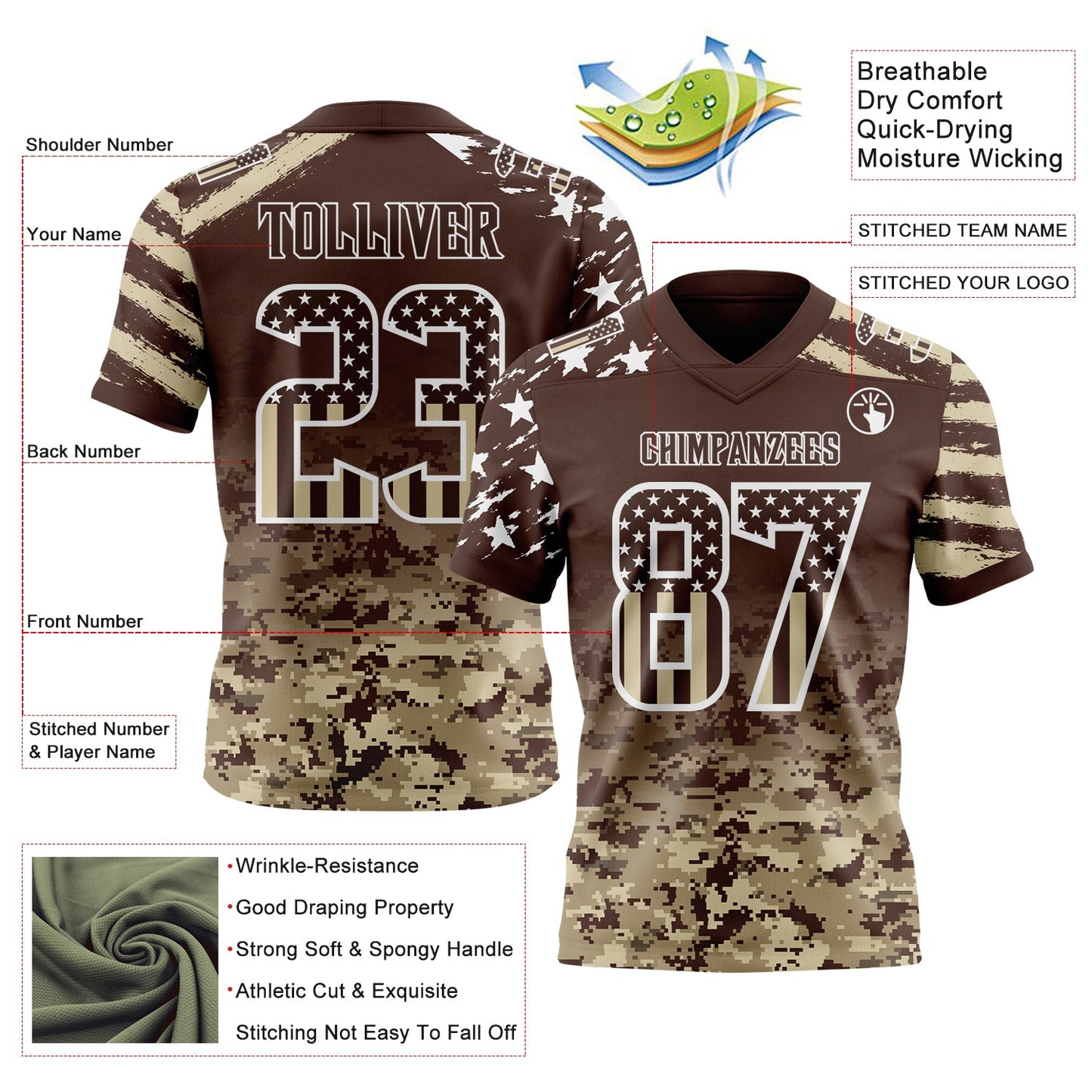 Custom Brown USA Flag Camo-White Authentic Gradient Digital Camouflage Stars & Stripes Raglan Sleeves Football Jersey