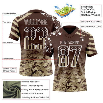 Custom Brown USA Flag Camo-White Authentic Gradient Digital Camouflage Stars & Stripes Raglan Sleeves Football Jersey