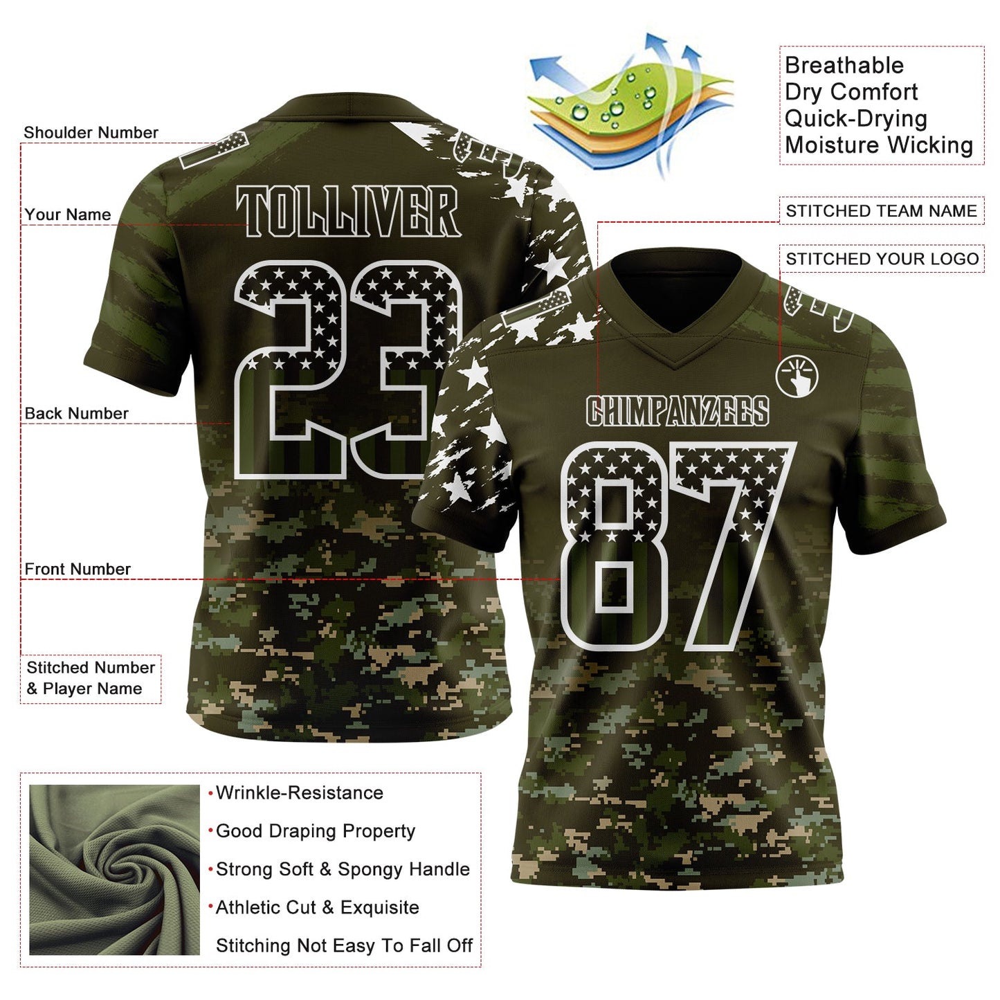 Custom Olive USA Flag Camo White-Green Authentic Gradient Digital Camouflage Stars & Stripes Raglan Sleeves Football Jersey