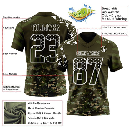 Custom Olive USA Flag Camo White-Green Authentic Gradient Digital Camouflage Stars & Stripes Raglan Sleeves Football Jersey