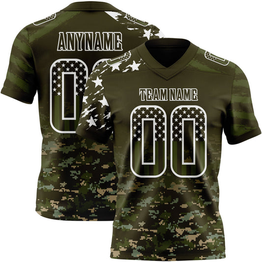 Custom Olive USA Flag Camo White-Green Authentic Gradient Digital Camouflage Stars & Stripes Raglan Sleeves Football Jersey