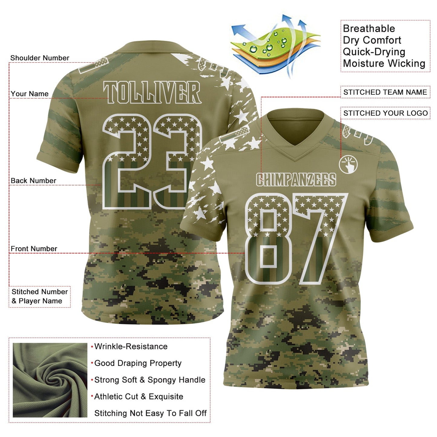 Custom Olive USA Flag Camo White-Green Authentic Gradient Digital Camouflage Stars & Stripes Raglan Sleeves Football Jersey