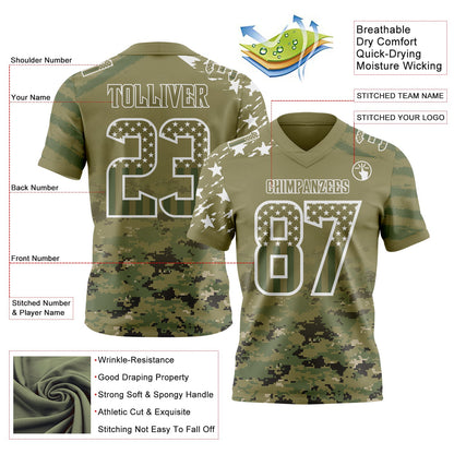 Custom Olive USA Flag Camo White-Green Authentic Gradient Digital Camouflage Stars & Stripes Raglan Sleeves Football Jersey