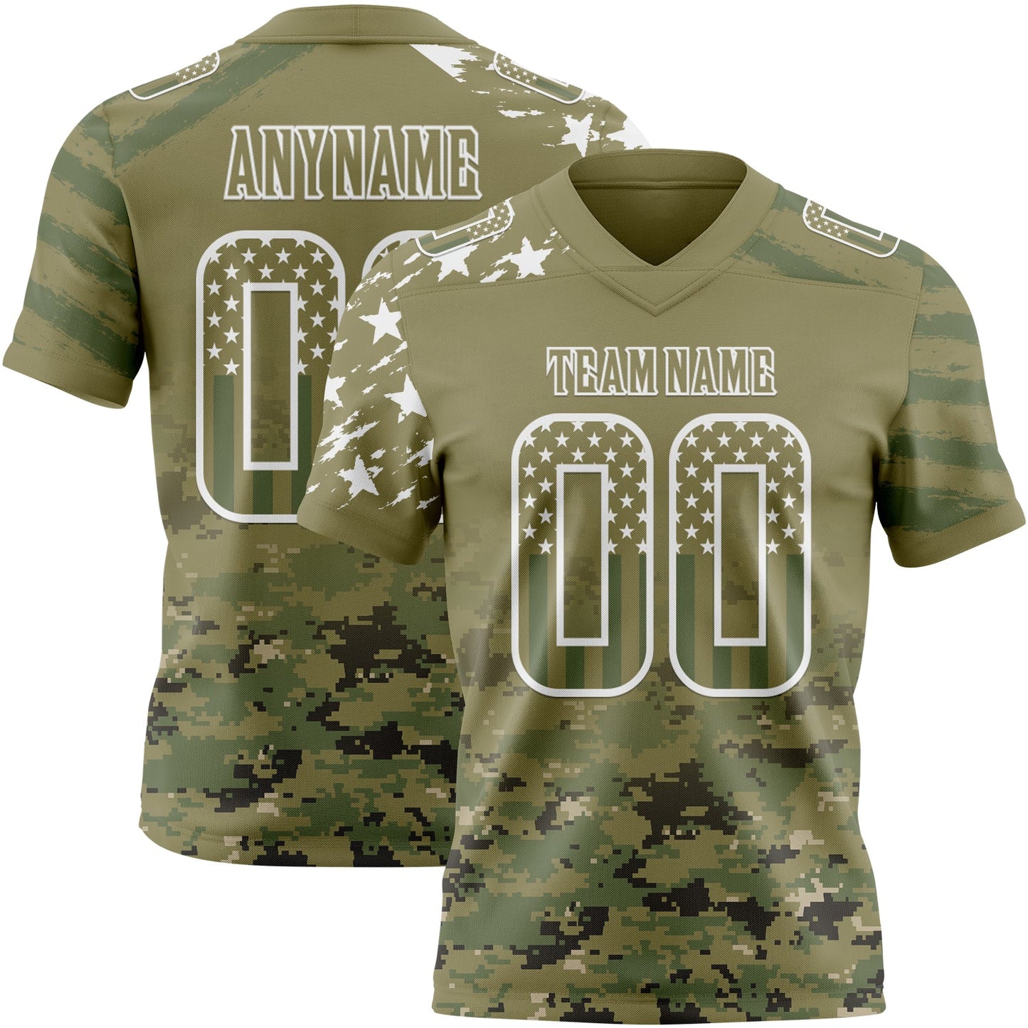 Custom Olive USA Flag Camo White-Green Authentic Gradient Digital Camouflage Stars & Stripes Raglan Sleeves Football Jersey