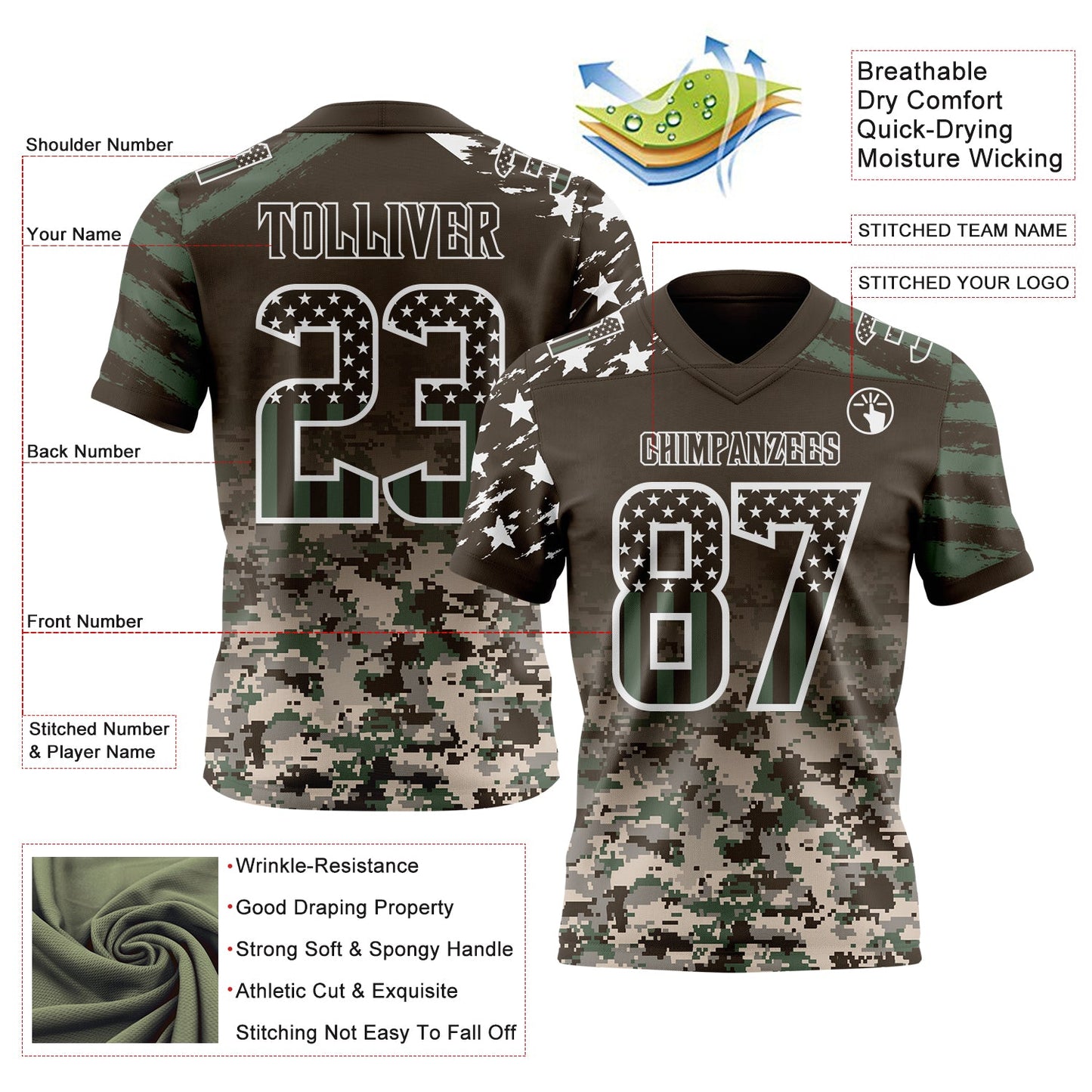 Custom Brown USA Flag Camo-White Authentic Gradient Digital Camouflage Stars & Stripes Raglan Sleeves Football Jersey