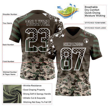 Custom Brown USA Flag Camo-White Authentic Gradient Digital Camouflage Stars & Stripes Raglan Sleeves Football Jersey