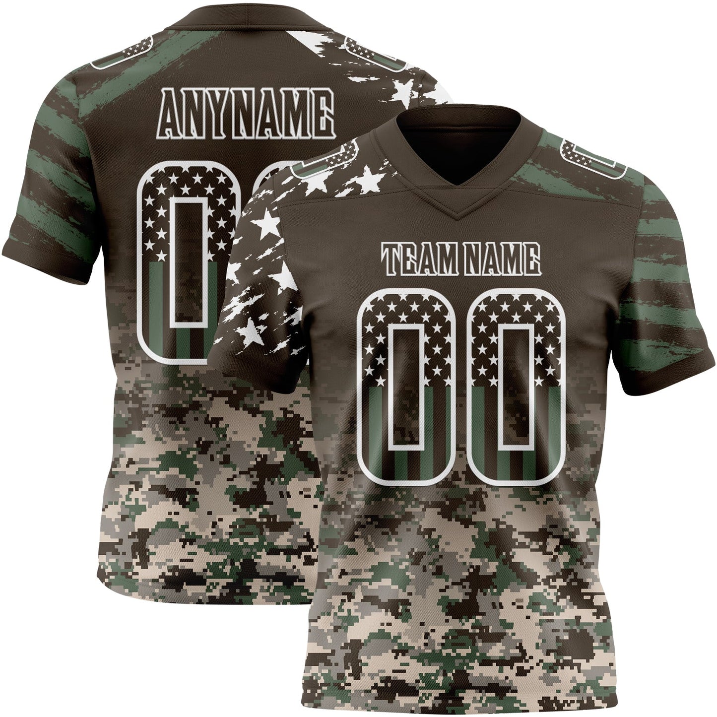 Custom Brown USA Flag Camo-White Authentic Gradient Digital Camouflage Stars & Stripes Raglan Sleeves Football Jersey