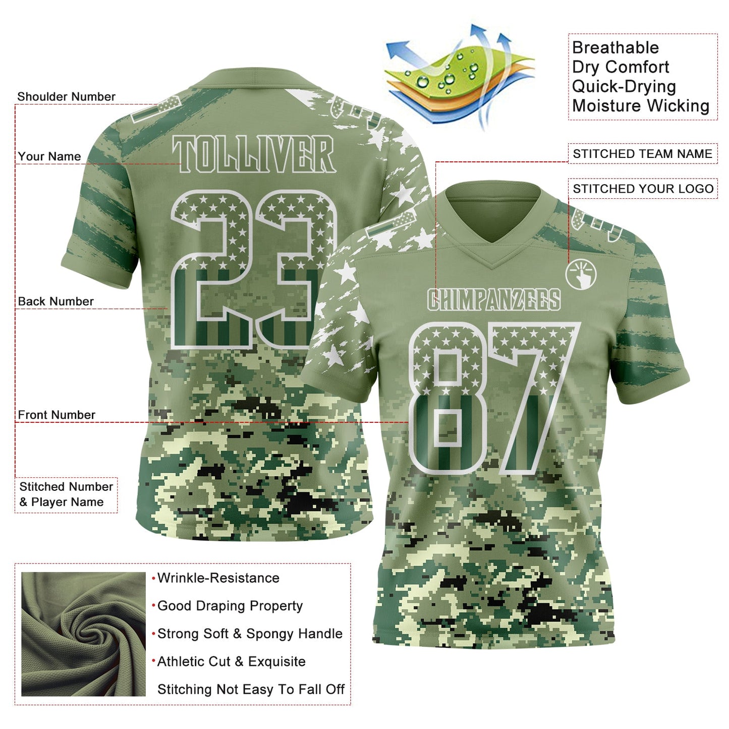 Custom Green USA Flag Camo-White Authentic Gradient Digital Camouflage Stars & Stripes Raglan Sleeves Football Jersey