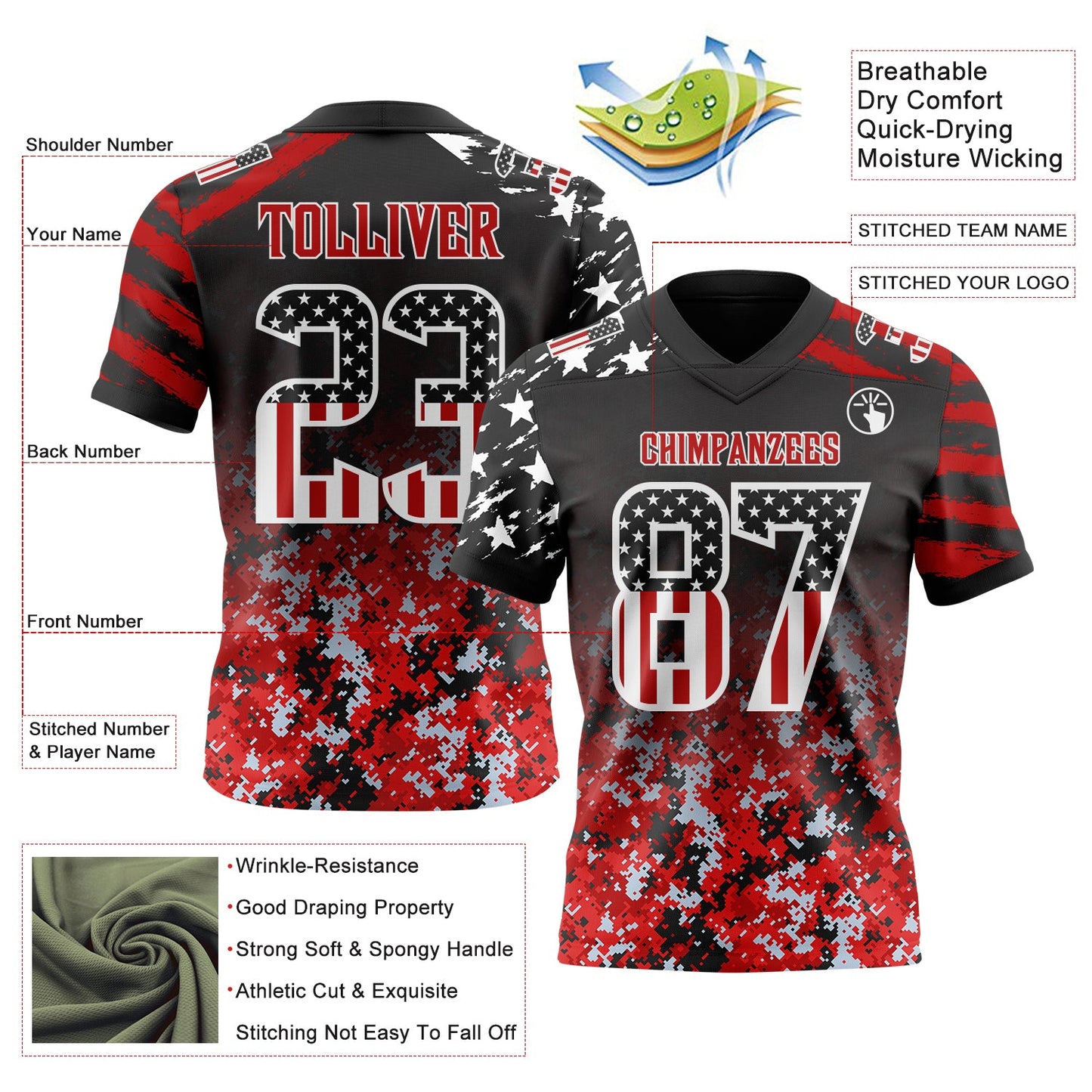 Custom Black USA Flag Camo White-Red Authentic Gradient Digital Camouflage Stars & Stripes Raglan Sleeves Football Jersey