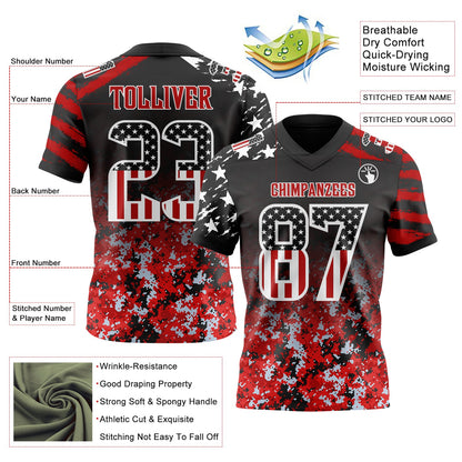 Custom Black USA Flag Camo White-Red Authentic Gradient Digital Camouflage Stars & Stripes Raglan Sleeves Football Jersey