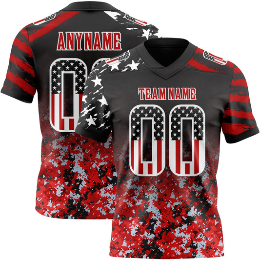 Custom Black USA Flag Camo White-Red Authentic Gradient Digital Camouflage Stars & Stripes Raglan Sleeves Football Jersey