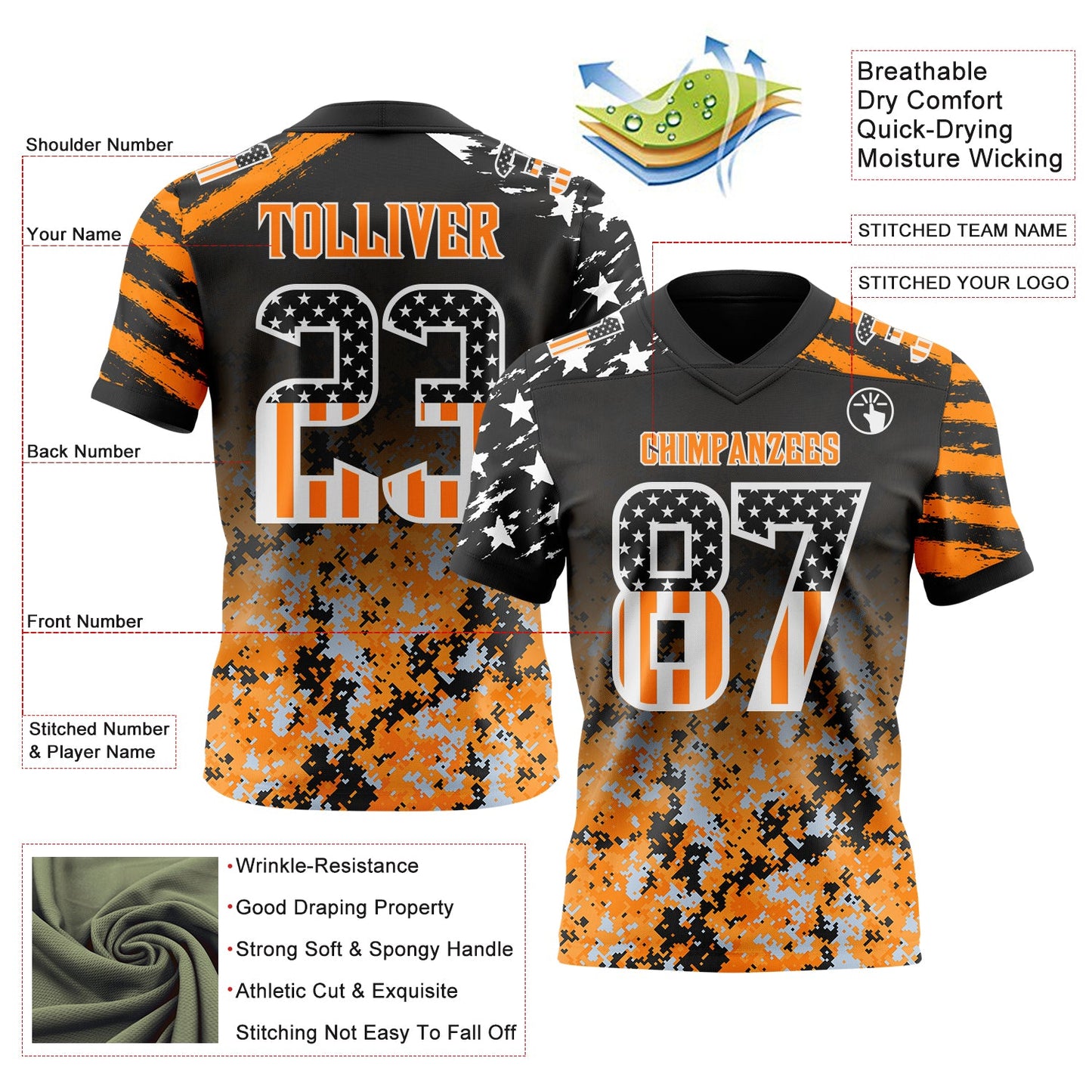 Custom Black USA Flag Camo White-Bay Orange Authentic Gradient Digital Camouflage Stars & Stripes Raglan Sleeves Football Jersey